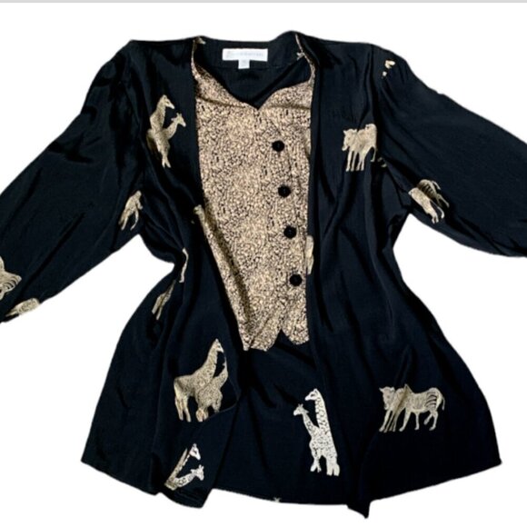 VTG Ilyse Hart Ltd Blazer w/ Attached Button Vest Safari Novelty Print M 24M - Picture 1 of 9